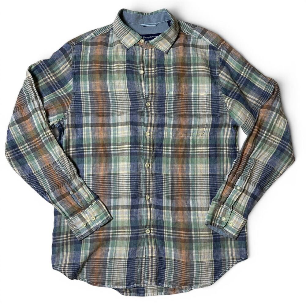 Tommy Bahama 100% Linen Shirt Mens Size M Plaid Long Sleeve Button Up